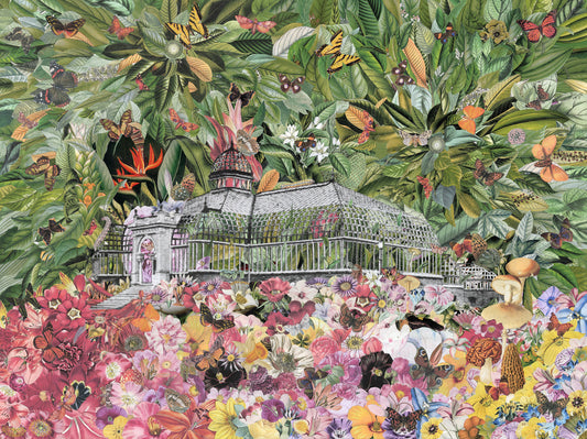 A collage of a conservatory with colorful leaves and flowers